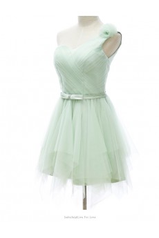 Tulle One-shoulder Mini/Short Sleeveless A-line Dress with Bow, Handmade Flowers