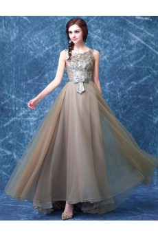 Tulle, Sequins Scoop Floor Length Sleeveless A-line Dress with Sequins, Bow