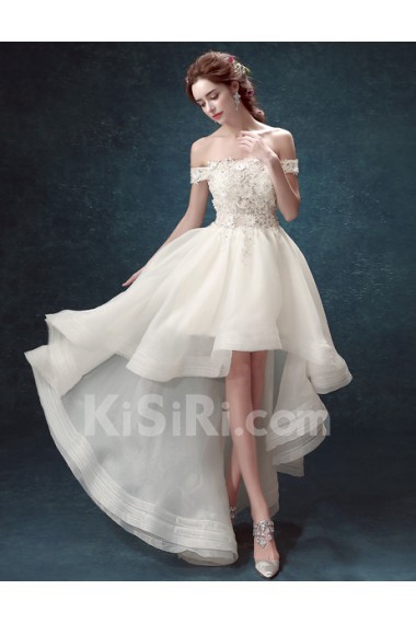 Lace, Tulle Off-the-Shoulder Knee-Length Ball Gown Dress with Embroidered