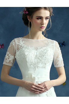 Tulle, Lace Bateau Chapel Train Short Sleeve A-line Dress with Bow