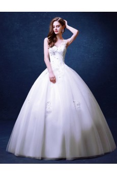 Organza, Lace Scoop Floor Length Sleeveless Ball Gown Dress with Embroidered, Rhinestone