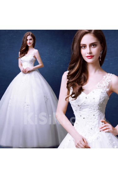 Organza, Lace Scoop Floor Length Sleeveless Ball Gown Dress with Embroidered, Rhinestone