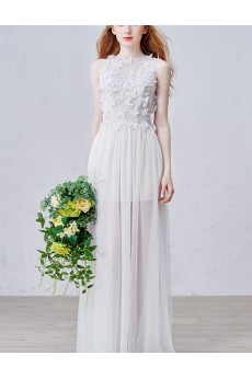 Tulle Jewel Floor Length Sleeveless Column Dress with Lace