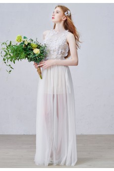 Tulle Jewel Floor Length Sleeveless Column Dress with Lace