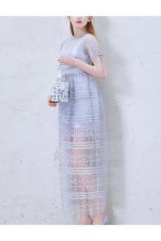 Lace High Collar Ankle-Length Short Sleeve A-line Dress with Handmade Flowers