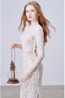 Lace Jewel Tea-Length Half Sleeve Sheath Dress
