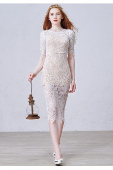 Lace Jewel Tea-Length Half Sleeve Sheath Dress