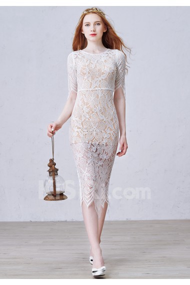 Lace Jewel Tea-Length Half Sleeve Sheath Dress