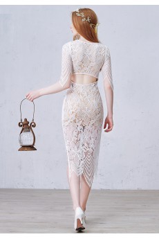 Lace Jewel Tea-Length Half Sleeve Sheath Dress