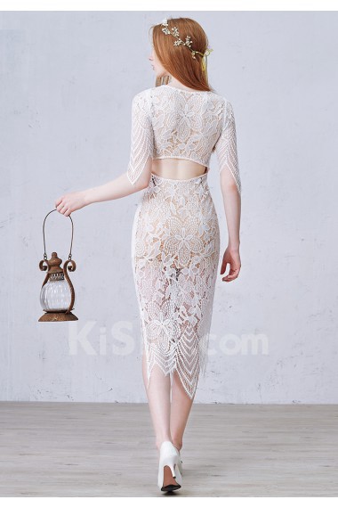 Lace Jewel Tea-Length Half Sleeve Sheath Dress