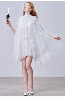 Tulle High Collar Mini/Short Three-quarter Dress with Handmade Butterfly