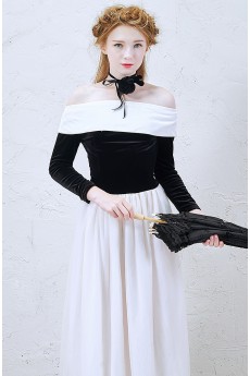 Velvet Off-the-Shoulder Ankle-Length Long Sleeve A-line Dress with 