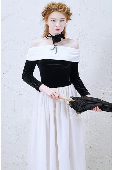 Velvet Off-the-Shoulder Ankle-Length Long Sleeve A-line Dress with 