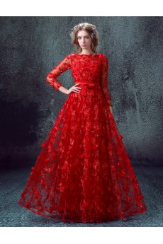 Net Asymmetrical Floor Length Long Sleeve A-line Dress with Bow