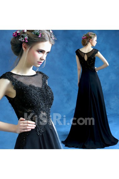 Lace, Organza Scoop Sweep Train Cap Sleeve A-line Dress with Beads
