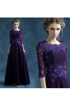 Chiffon, Organza Jewel Floor Length Half Sleeve A-line Dress with Crystal