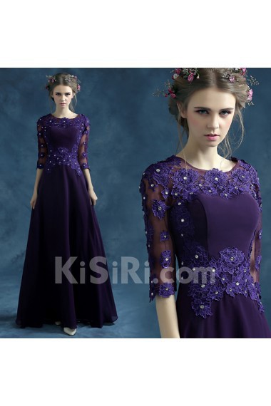 Chiffon, Organza Jewel Floor Length Half Sleeve A-line Dress with Crystal