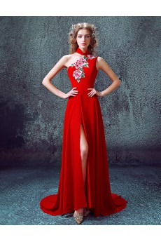 Tulle, Chiffon Halter Sweep Train Sleeveless Sheath Dress with Embroidered
