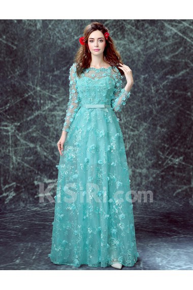 Tulle, Satin Scoop Floor Length Long Sleeve A-line Dress with Bow