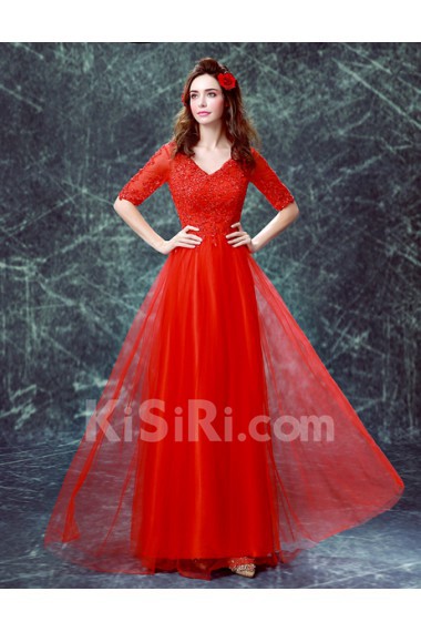 Lace, Organza V-neck Floor Length Half Sleeve A-line Dress with Sequins