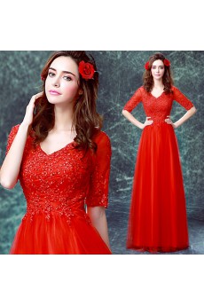 Lace, Organza V-neck Floor Length Half Sleeve A-line Dress with Sequins