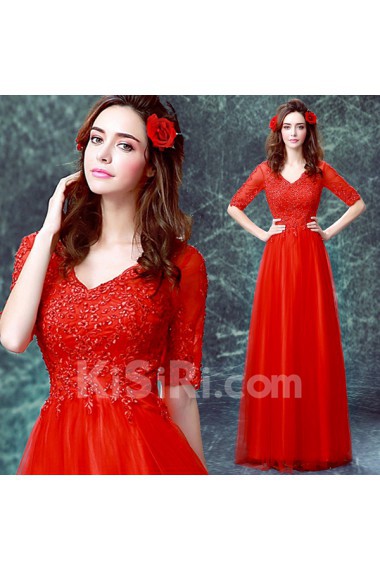 Lace, Organza V-neck Floor Length Half Sleeve A-line Dress with Sequins