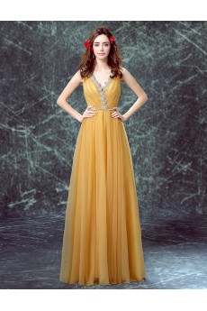 Tulle V-neck Floor Length Sleeveless A-line Dress with Rhinestone