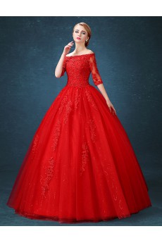 Lace, Net Off-the-Shoulder Floor Length Half Sleeve Ball Gown Dress with Sequins