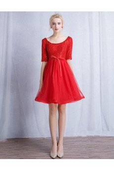 Satin Scoop Mini/Short Half Sleeve A-line Dress with Sequins, Beads, Bow