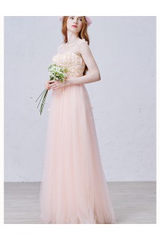 Tulle Scoop Floor Length Cap Sleeve A-line Dress with Pearl, Bow