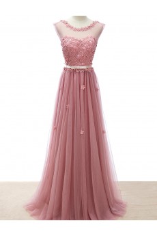 Tulle Scoop Floor Length Cap Sleeve A-line Dress with Pearl, Bow