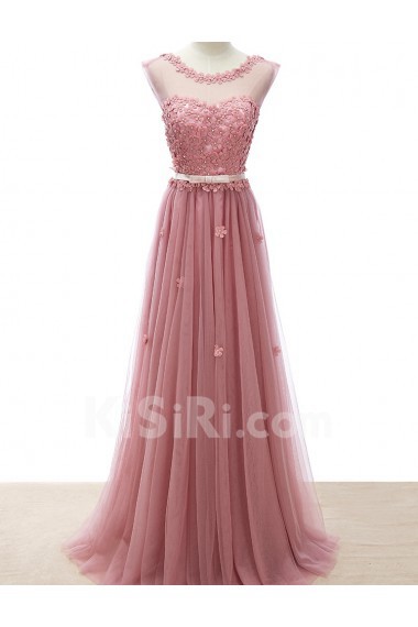 Tulle Scoop Floor Length Cap Sleeve A-line Dress with Pearl, Bow