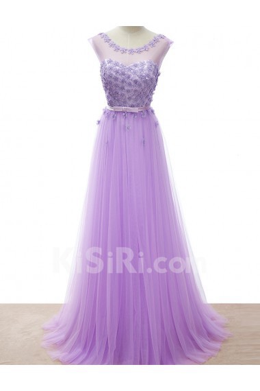 Tulle Scoop Floor Length Cap Sleeve A-line Dress with Pearl, Bow