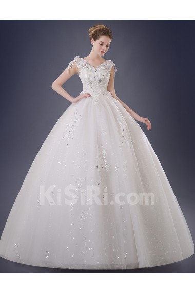 Organza, Lace V-neck Floor Length Cap Sleeve Ball Gown Dress with Rhinestone, Handmade Flower