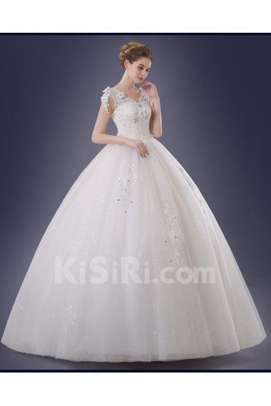 Organza, Lace V-neck Floor Length Cap Sleeve Ball Gown Dress with Rhinestone, Handmade Flower