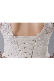Organza, Lace V-neck Floor Length Cap Sleeve Ball Gown Dress with Rhinestone, Handmade Flower