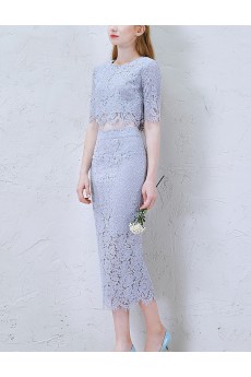 Lace Jewel Tea-Length Half Sleeve Sheath Dress