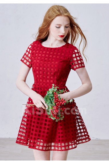 Chiffon, Lace Scoop Mini/Short Short Sleeve A-line Dress