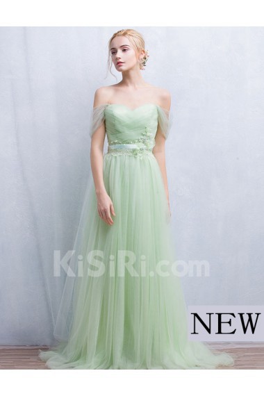 Lace Off-the-Shoulder Sweep Train A-line Dress with Handmade Flowers