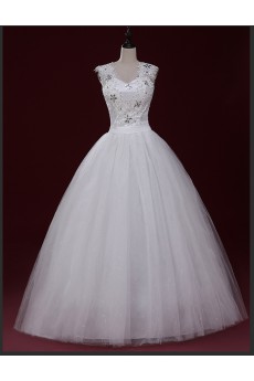 Lace, Tulle V-neck Floor Length Cap Sleeve Ball Gown Dress with Applique, Rhinestone, Sash