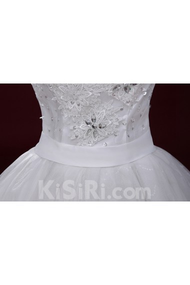 Lace, Tulle V-neck Floor Length Cap Sleeve Ball Gown Dress with Applique, Rhinestone, Sash