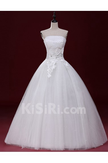 Tulle Strapless Floor Length Sleeveless Ball Gown Dress with Bow, Bead