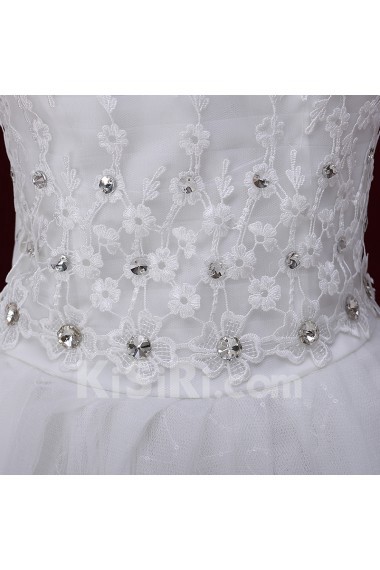 Lace, Tulle Strapless Floor Length Sleeveless Ball Gown Dress with Applique, Rhinestone