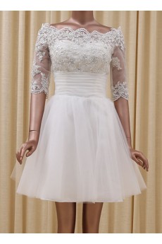 Tulle, Satin Off-the-Shoulder Mini/Short Half Sleeve A-line Dress with Sequins, Rhinestone