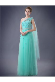 Chiffon One-shoulder Floor Length Sleeveless Sheath Dress with Handmade Flowers, Rhinestone