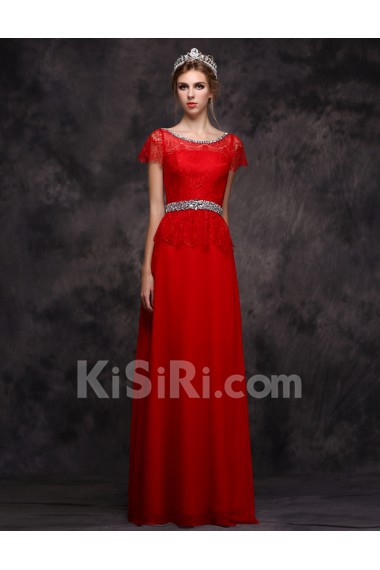Chiffon Scoop Floor Length Cap Sleeve Sheath Dress with Rhinestone