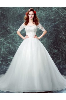 Organza Off-the-Shoulder Chapel Train Half Sleeve Ball Gown Dress with Sequins