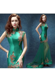 Satin, Tulle High Collar Sweep Train Cap Sleeve Mermaid Dress with Rhinestone, Applique