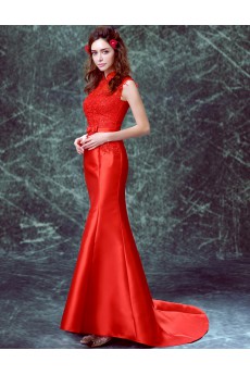 Satin High Collar Sweep Train Cap Sleeve Mermaid Dress with Rhinestone, Bow