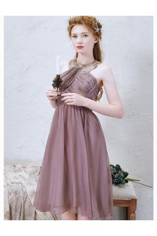 Chiffon Halter Tea-Length Sleeveless A-line Dress with Beads